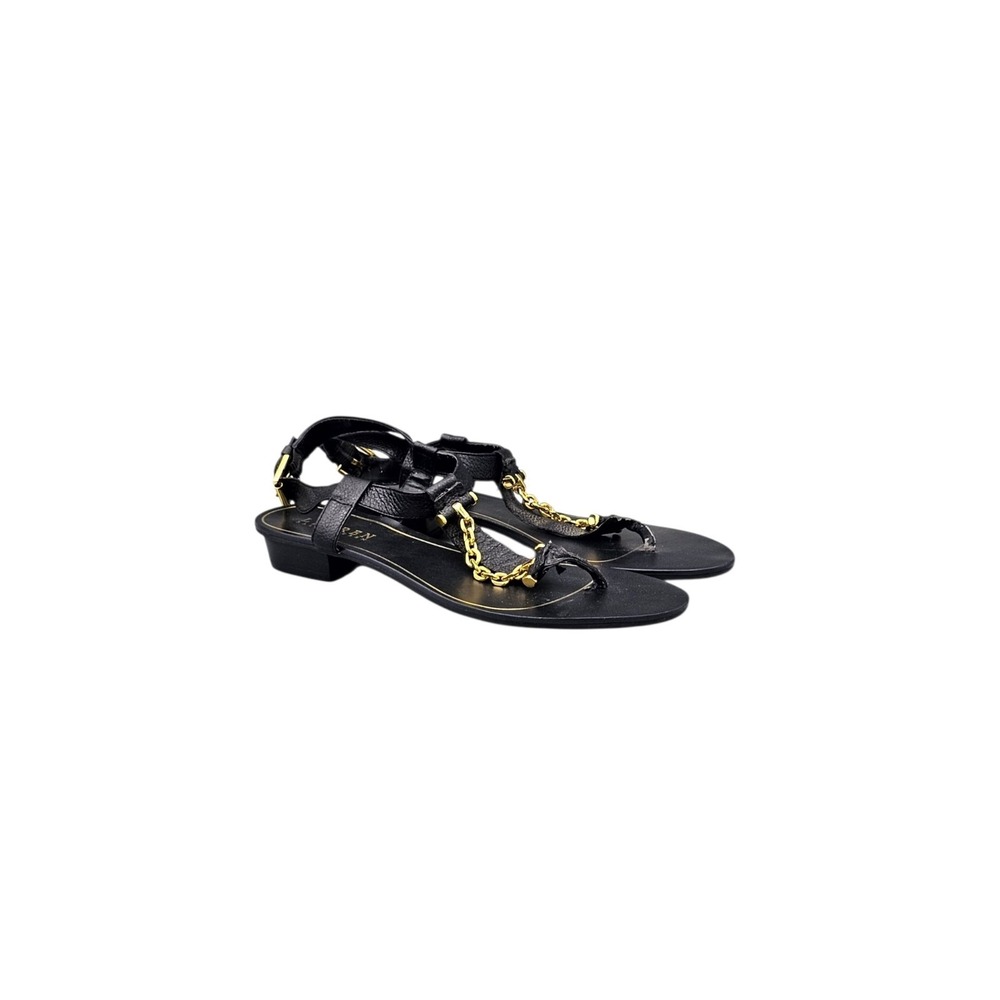Lauren Ralph Lauren Carina Navy Leather T-Strap Sandals Womens 6.5 Gold Chain